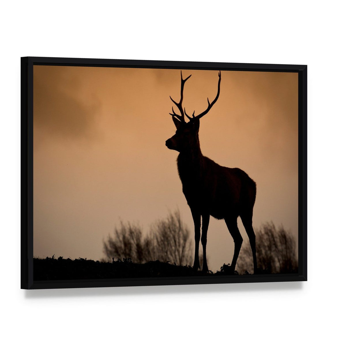Red Deer Stag Silhouette Canvas Wall Art, framed canvas in a black floater frame, angled product view