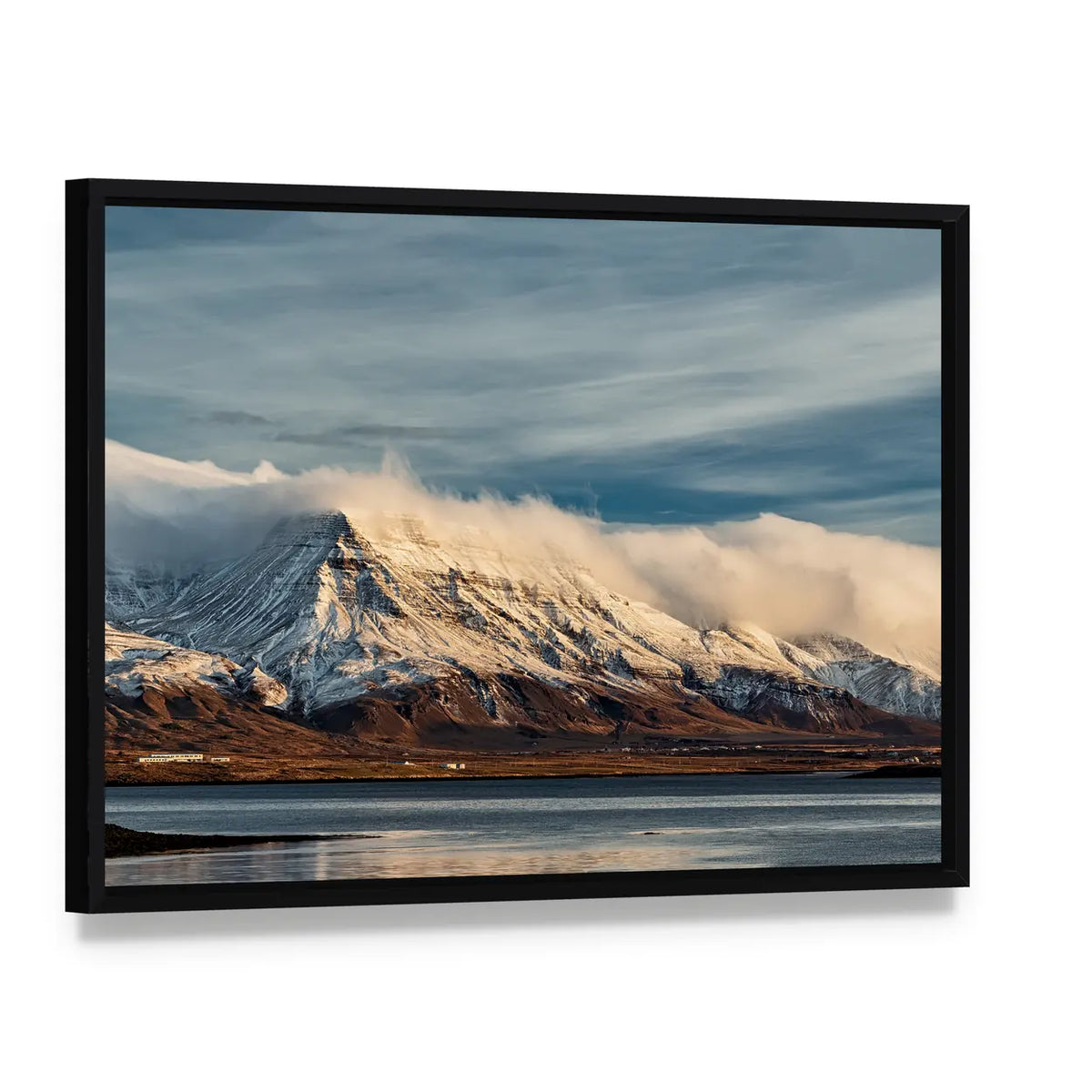 Sunrise From Reykjavik In Iceland Canvas Wall Art, framed canvas in a black floater frame, angled product view