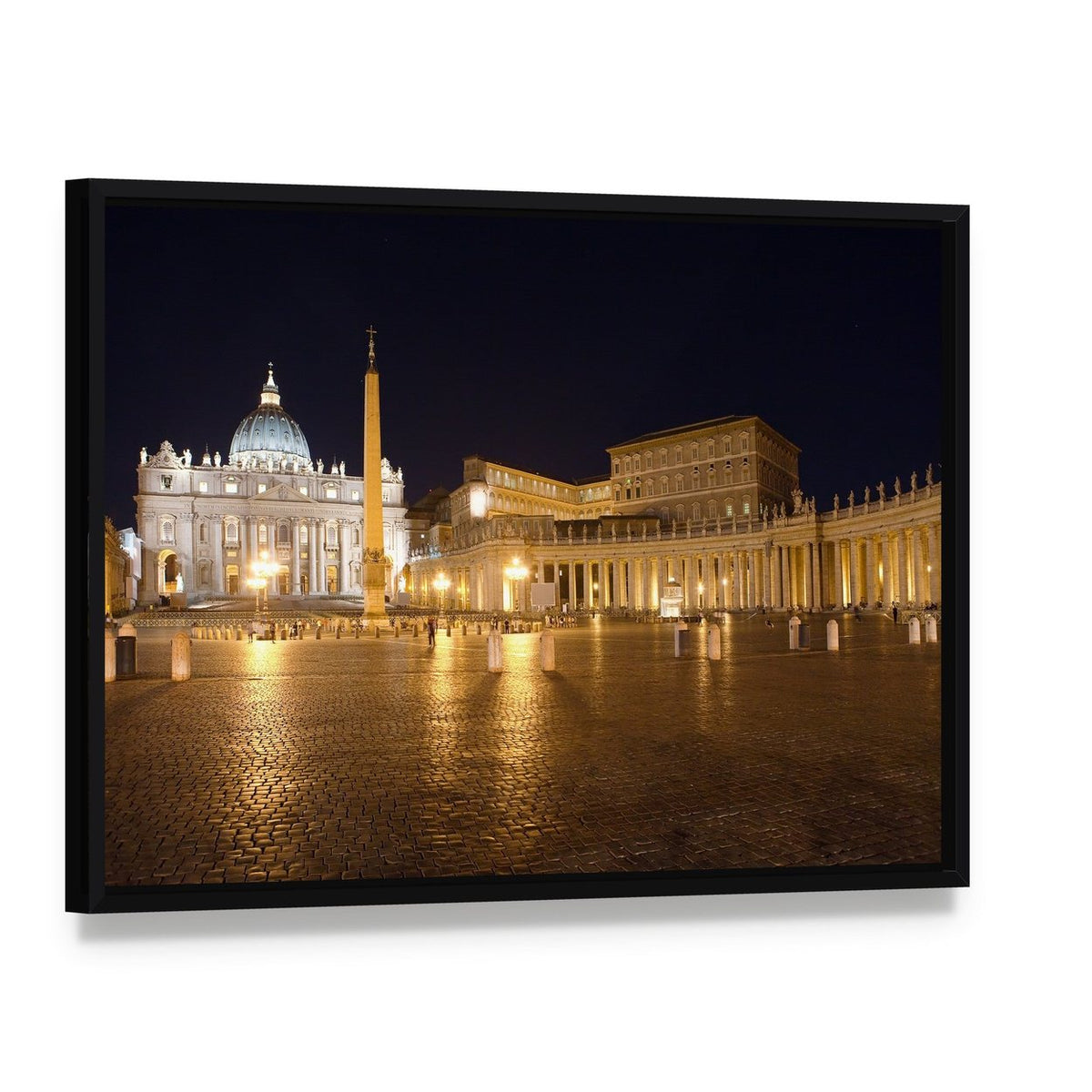 Saint Peter's Square at Night Canvas Wall Art, framed canvas in a black floater frame, angled product view