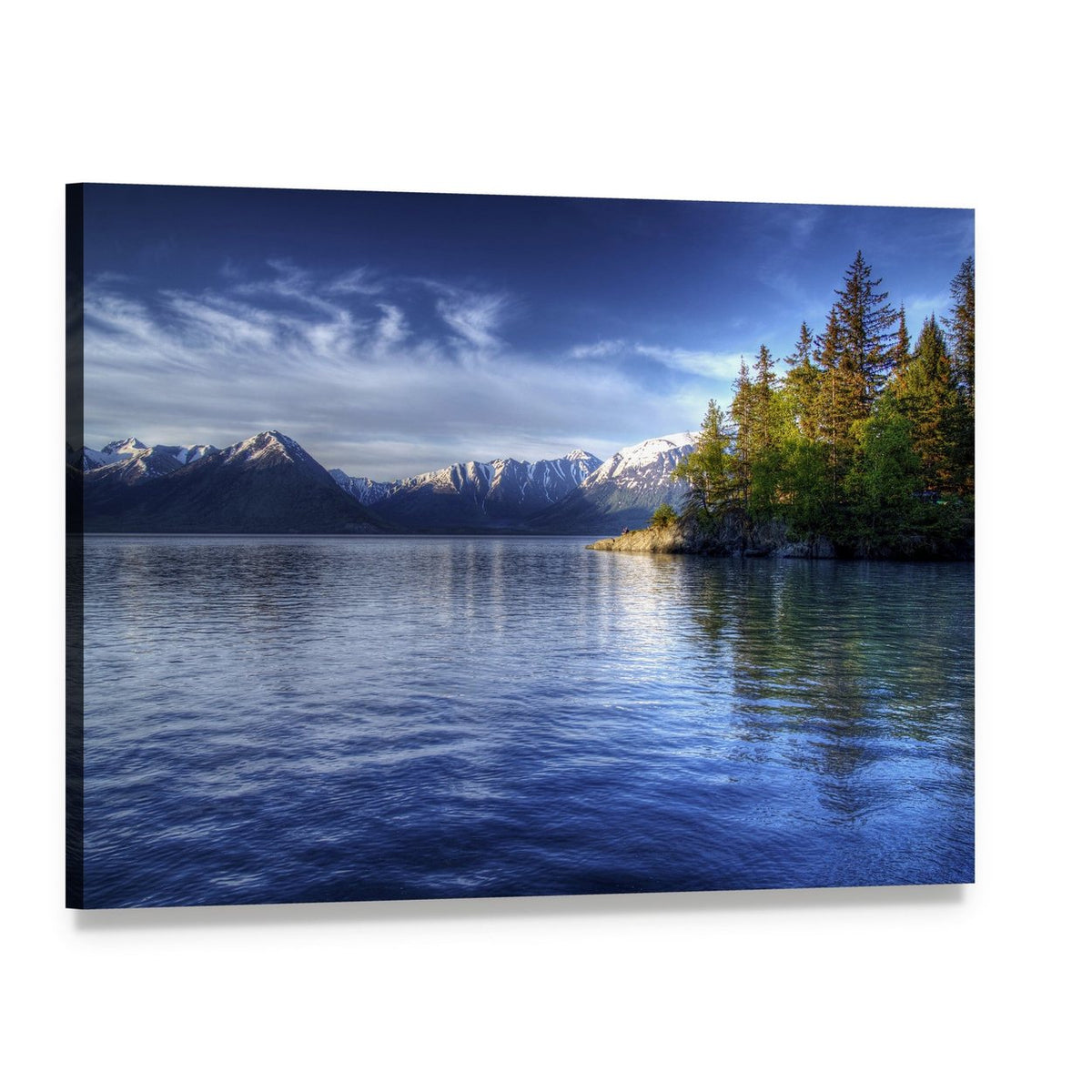 Trees Reflected on Mountain Lake Canvas Wall Art, single panel gallery wrapped canvas, angled product view