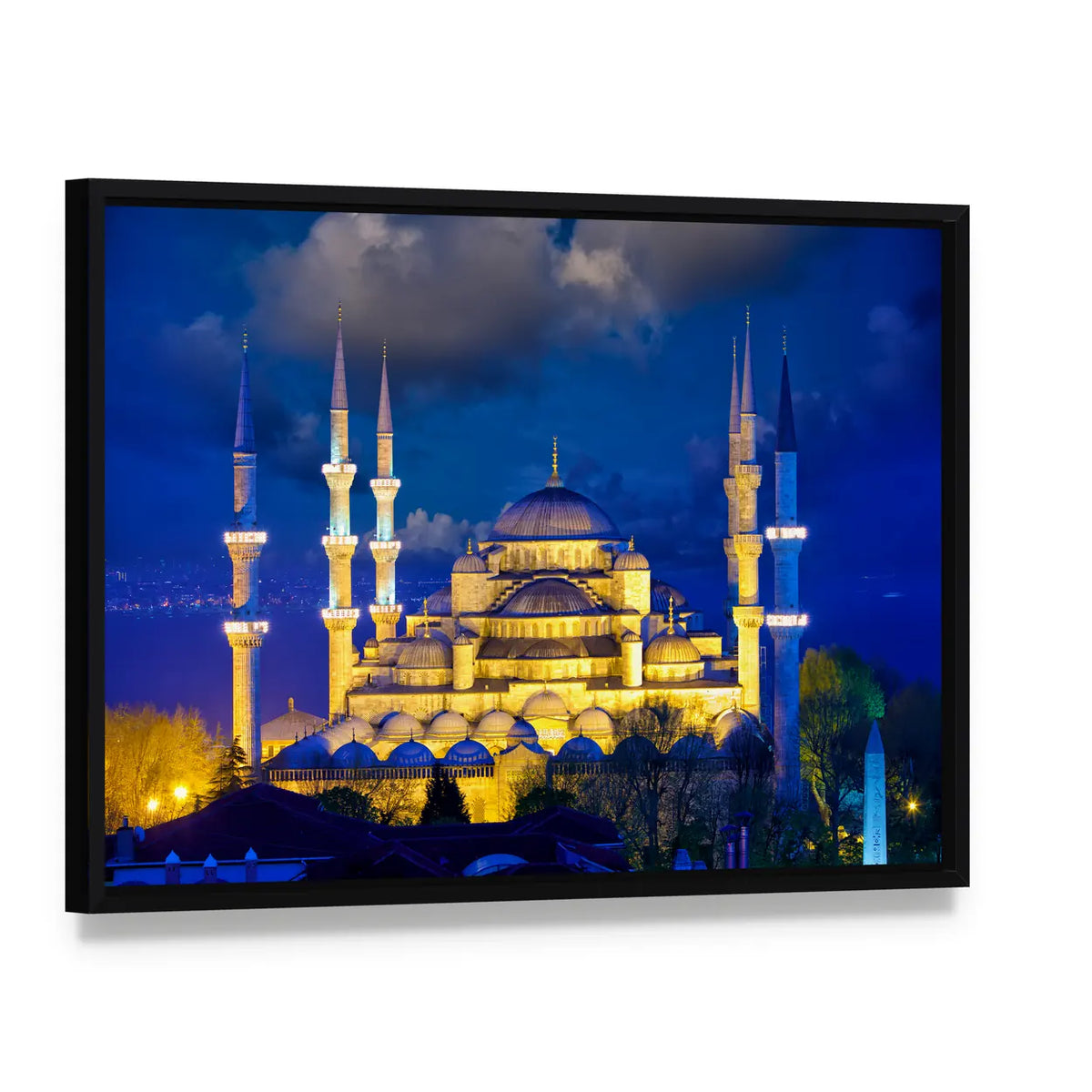 Blue Mosque In Istanbul Canvas Wall Art, framed canvas in a black floater frame, angled product view
