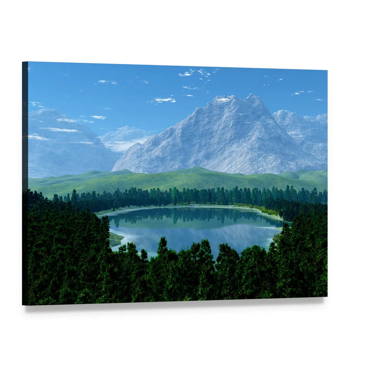 Forest Lake with Snow-capped Mountains Canvas Wall Art, single panel gallery wrapped canvas, angled product view