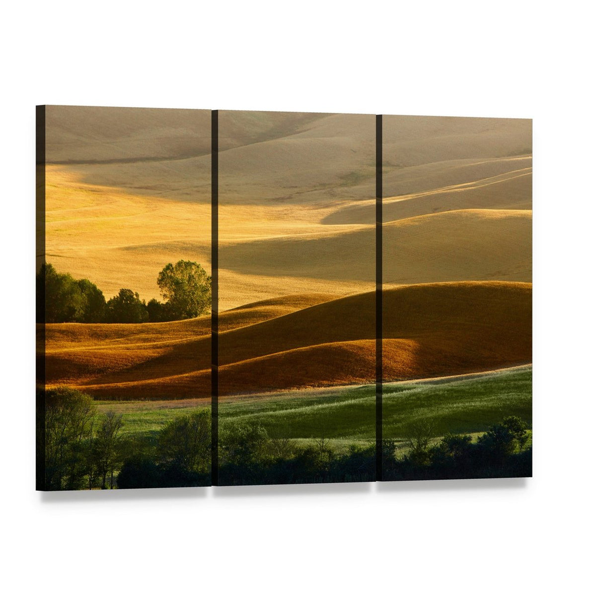 Golden Countryside Landscape with Rolling Hills Canvas Wall Art, 3 panel 3 Horizontal layout gallery wrapped canvas set, angled product view