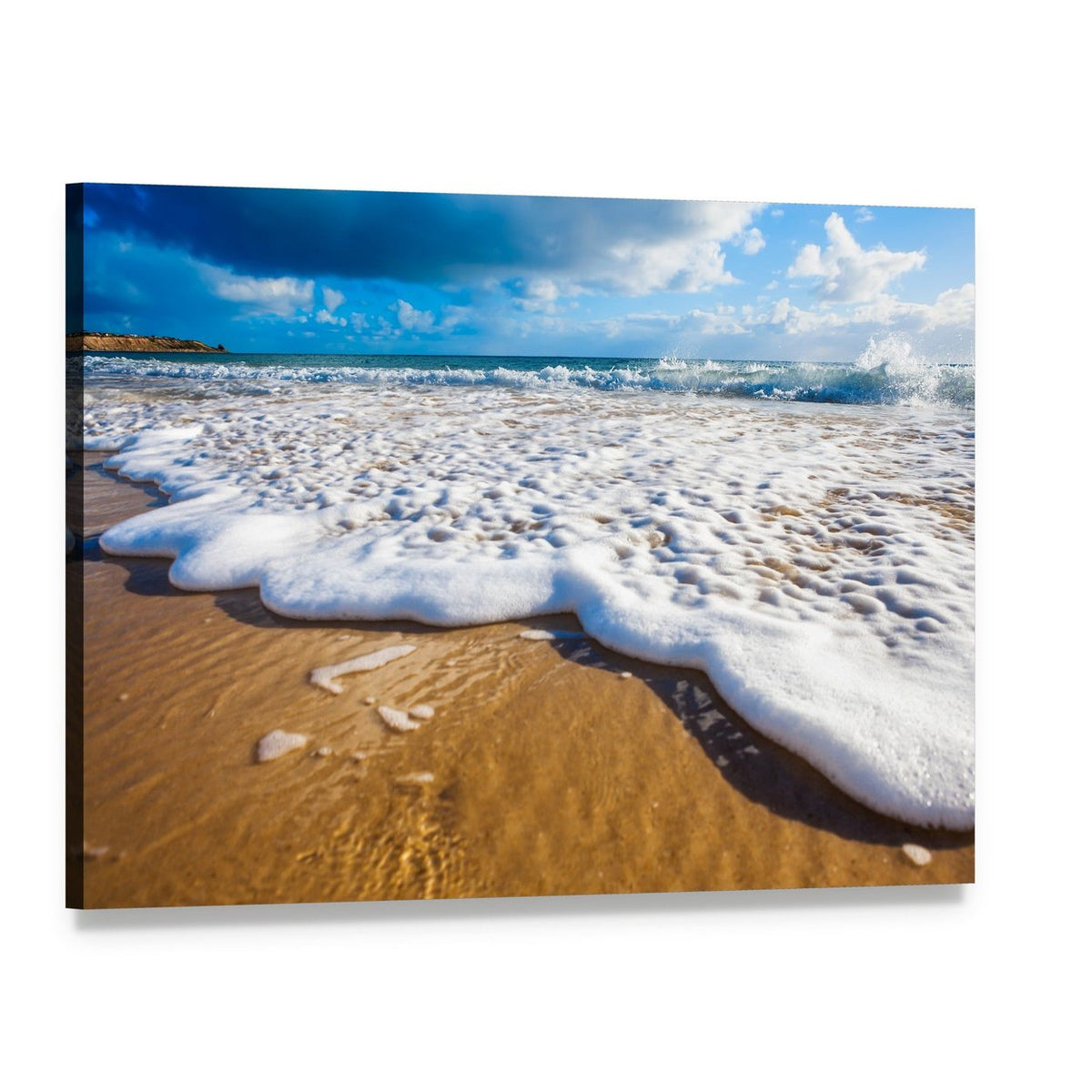 Waves Wash Over Golden Sand on Australian Beach Canvas Wall Art, single panel gallery wrapped canvas, angled product view
