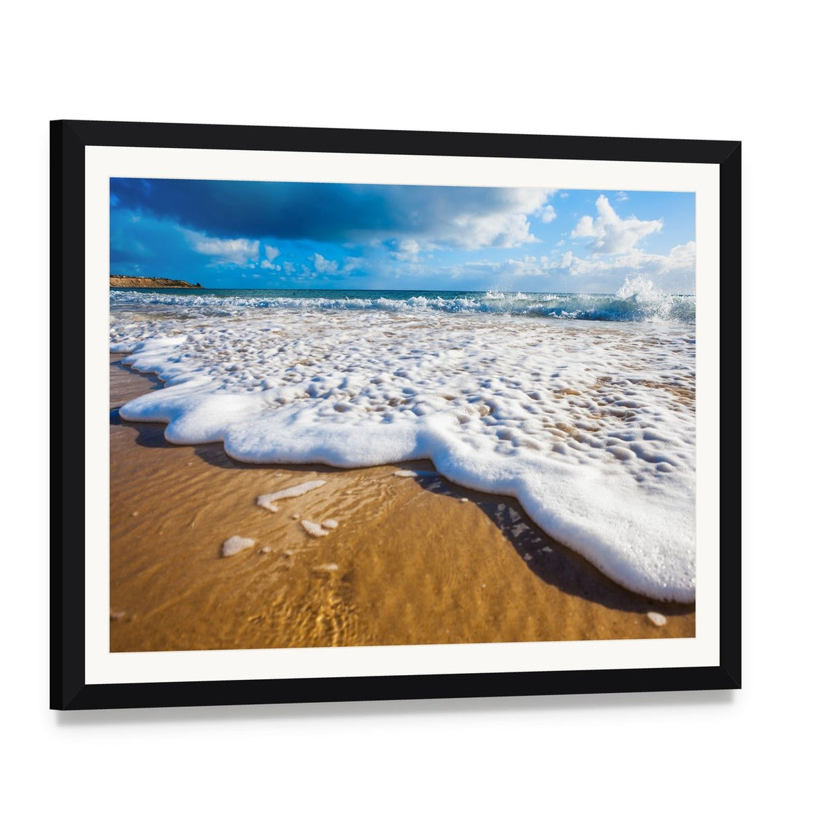 Waves Wash Over Golden Sand on Australian Beach Canvas Wall Art, framed print with white mat and black frame, angled product view