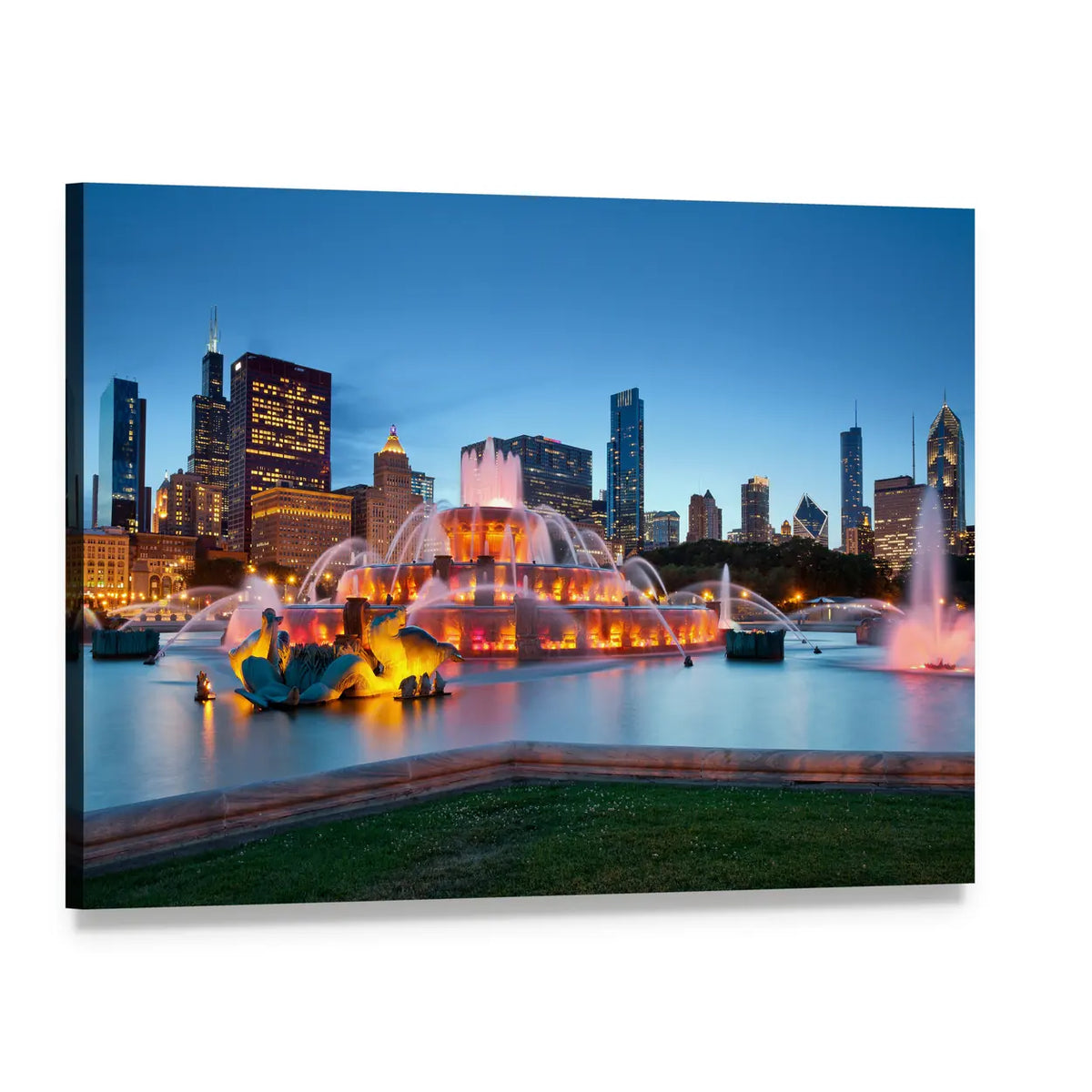Buckingham Fountain, Chicago Skyline Canvas Wall Art, single panel gallery wrapped canvas, angled product view