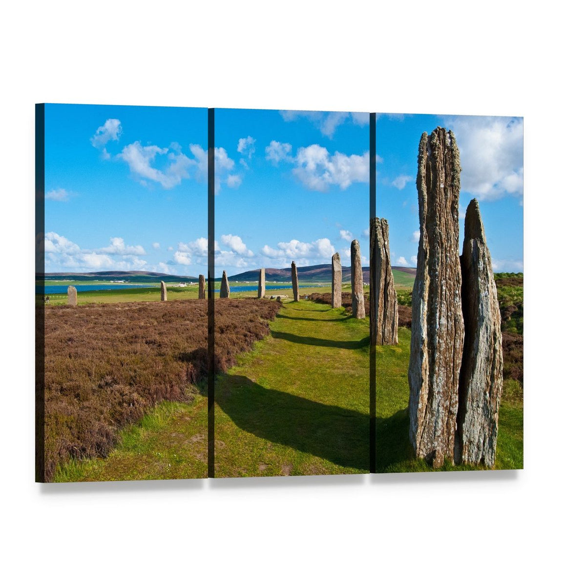 Mystic Ring of Brodgar Canvas Wall Art, 3 panel 3 Horizontal layout gallery wrapped canvas set, angled product view