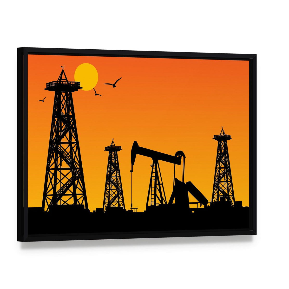 Oil Rig Silhouettes at Sunset Canvas Wall Art, framed canvas in a black floater frame, angled product view