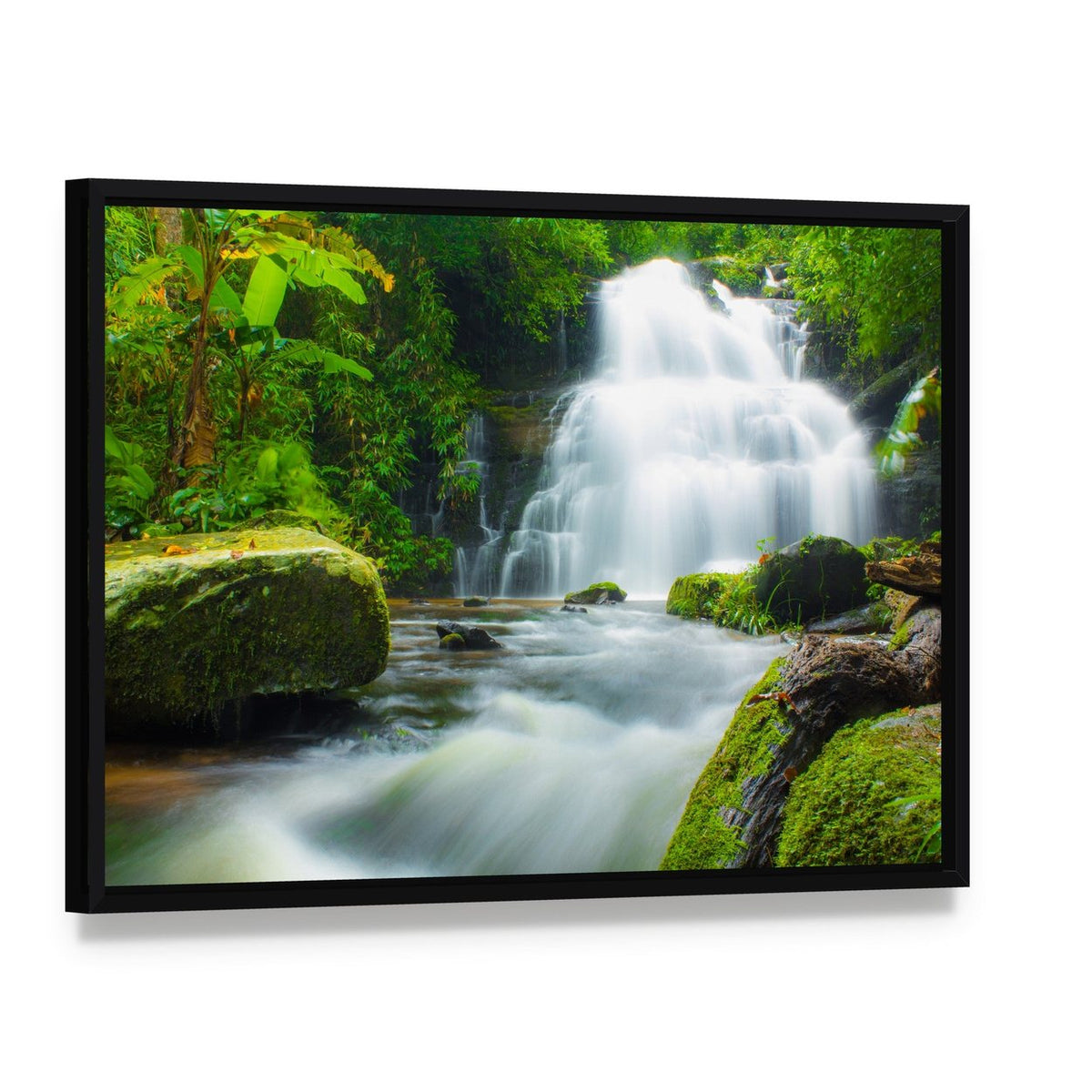 Mundaeng Waterfall Thailand Canvas Wall Art, framed canvas in a black floater frame, angled product view