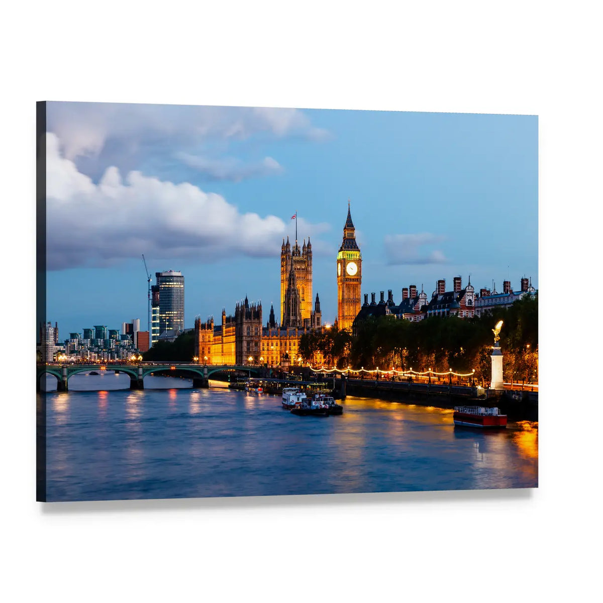 Big Ben and Westminster Bridge at Dusk Canvas Wall Art, single panel gallery wrapped canvas, angled product view