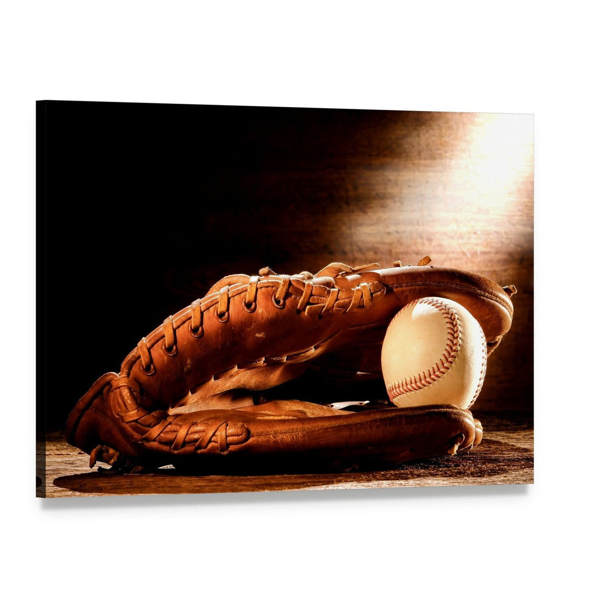 Leather Baseball Glove and Stitched Baseball Canvas Wall Art, single panel gallery wrapped canvas, angled product view