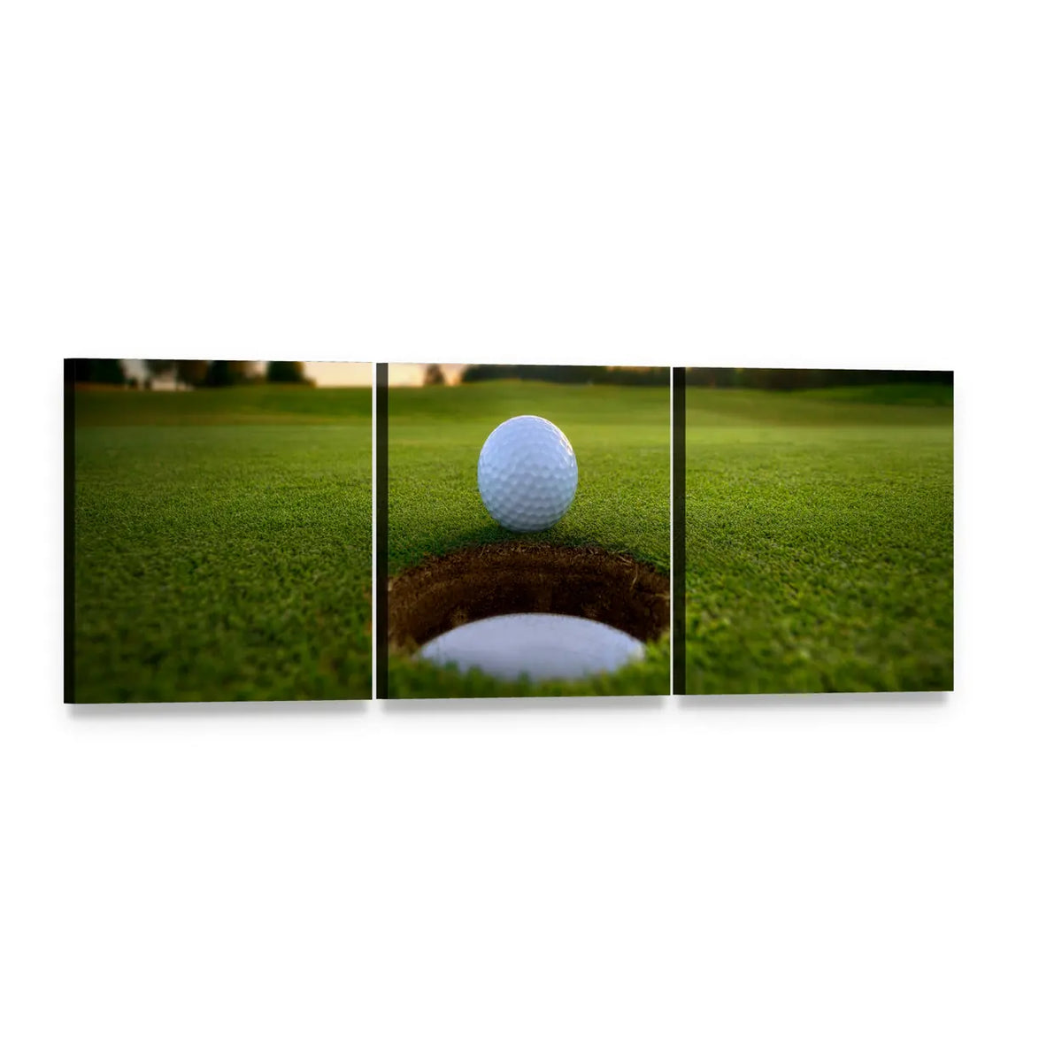 Golf Ball About to Fall Panoramic Canvas Wall Art, 3 panel 3 Piece layout gallery wrapped canvas set, angled product view