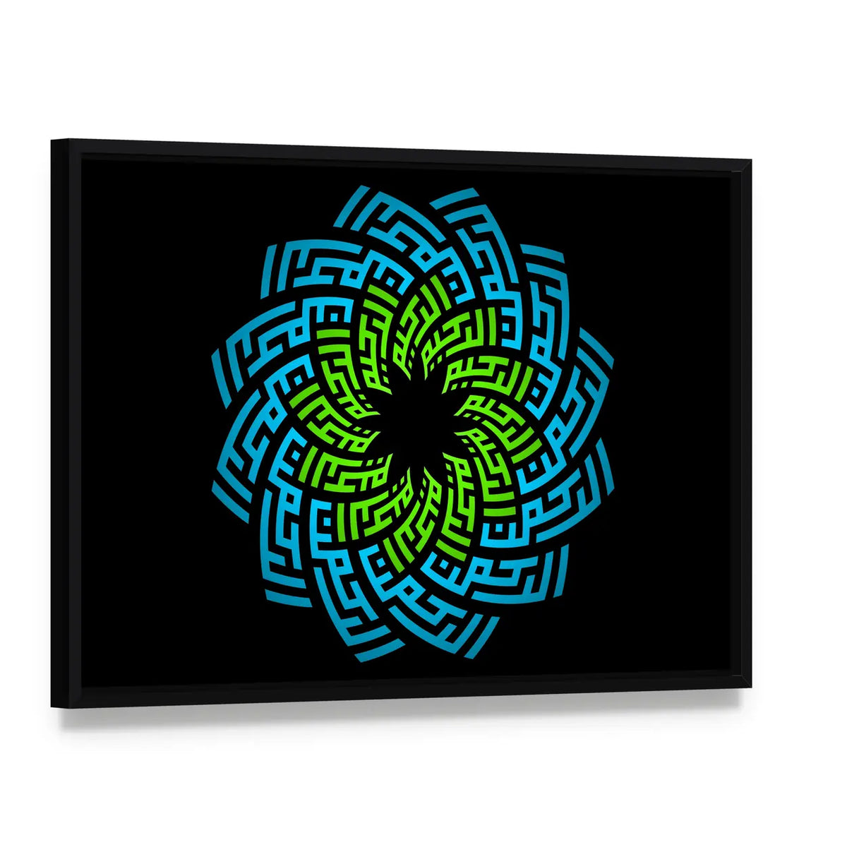 Ar-rahman Ar-rahim Calligraphy Mandala Canvas Wall Art, framed canvas in a black floater frame, angled product view