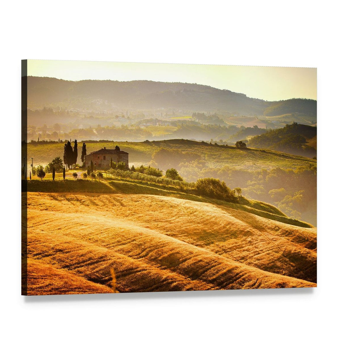 Tuscany Farmhouse in Morning Light Canvas Wall Art, single panel gallery wrapped canvas, angled product view