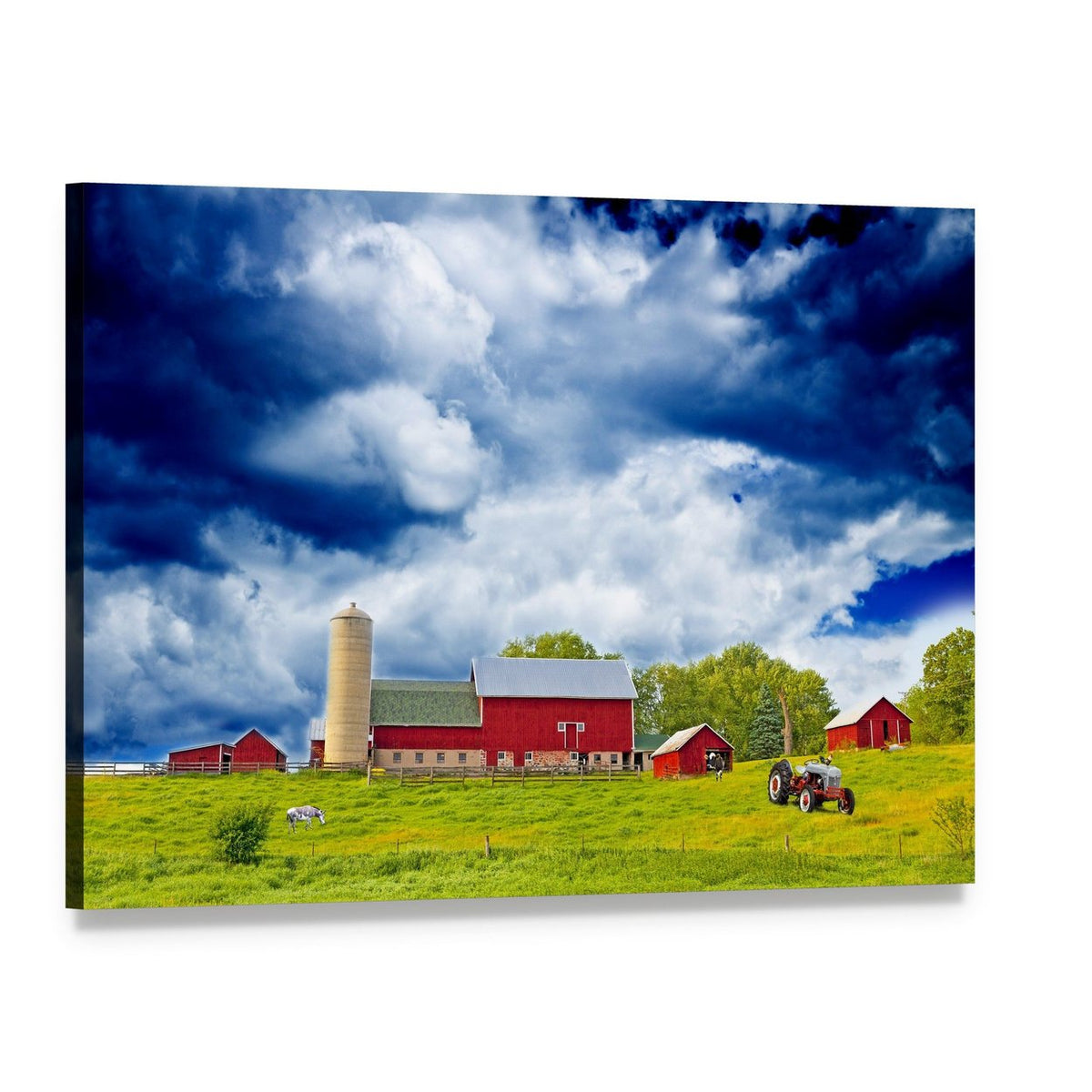 American Country Farm with Red Barns Canvas Wall Art, single panel gallery wrapped canvas, angled product view