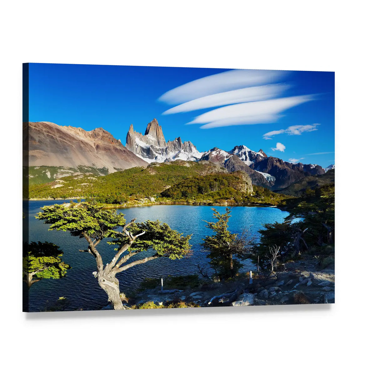 Laguna Capri with Mount Fitz Roy Canvas Wall Art, single panel gallery wrapped canvas, angled product view