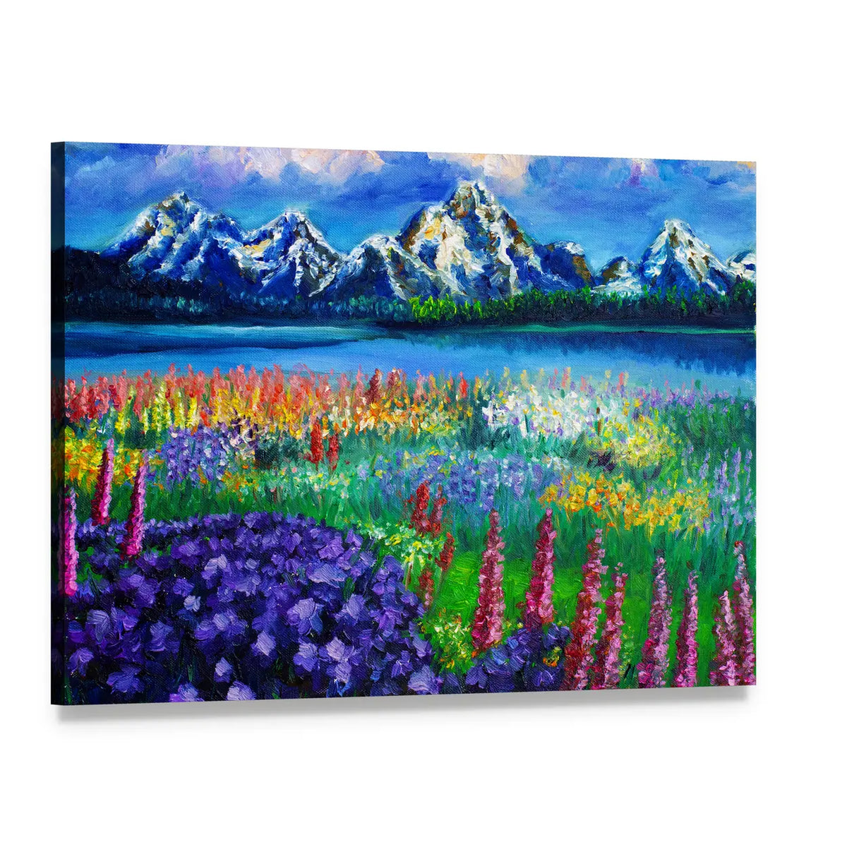 Spring Mountain Lake Canvas Wall Art, single panel gallery wrapped canvas, angled product view