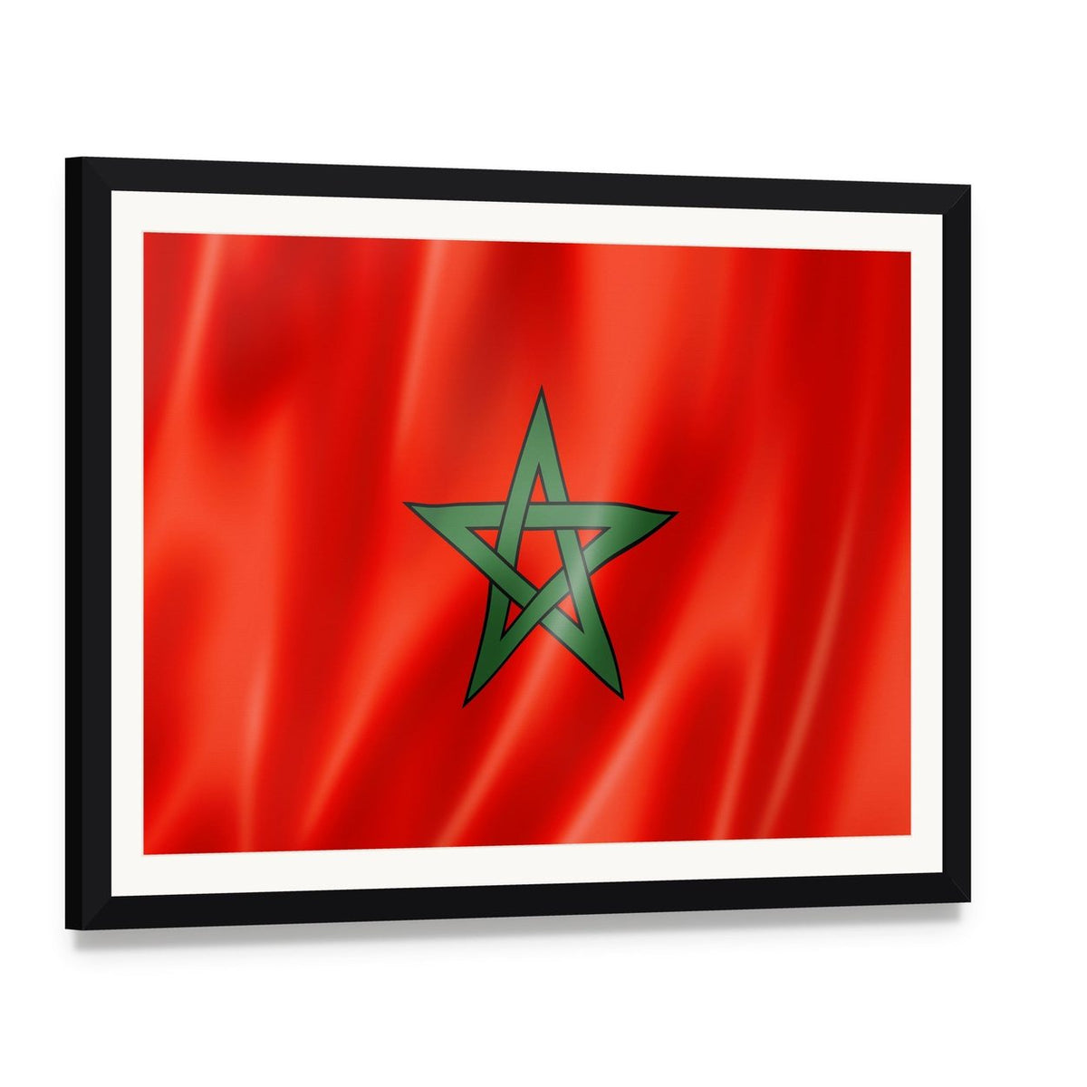Waving Moroccan Flag Canvas Wall Art, framed print with white mat and black frame, angled product view