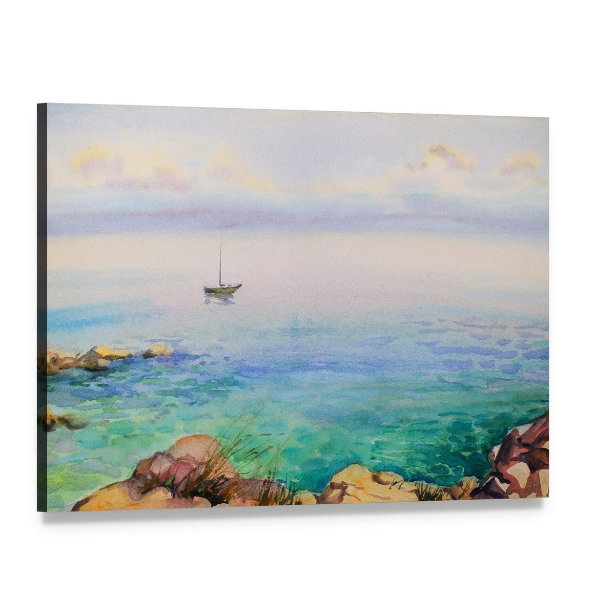 Watercolor Seascape with Sailboat Canvas Wall Art, single panel gallery wrapped canvas, angled product view