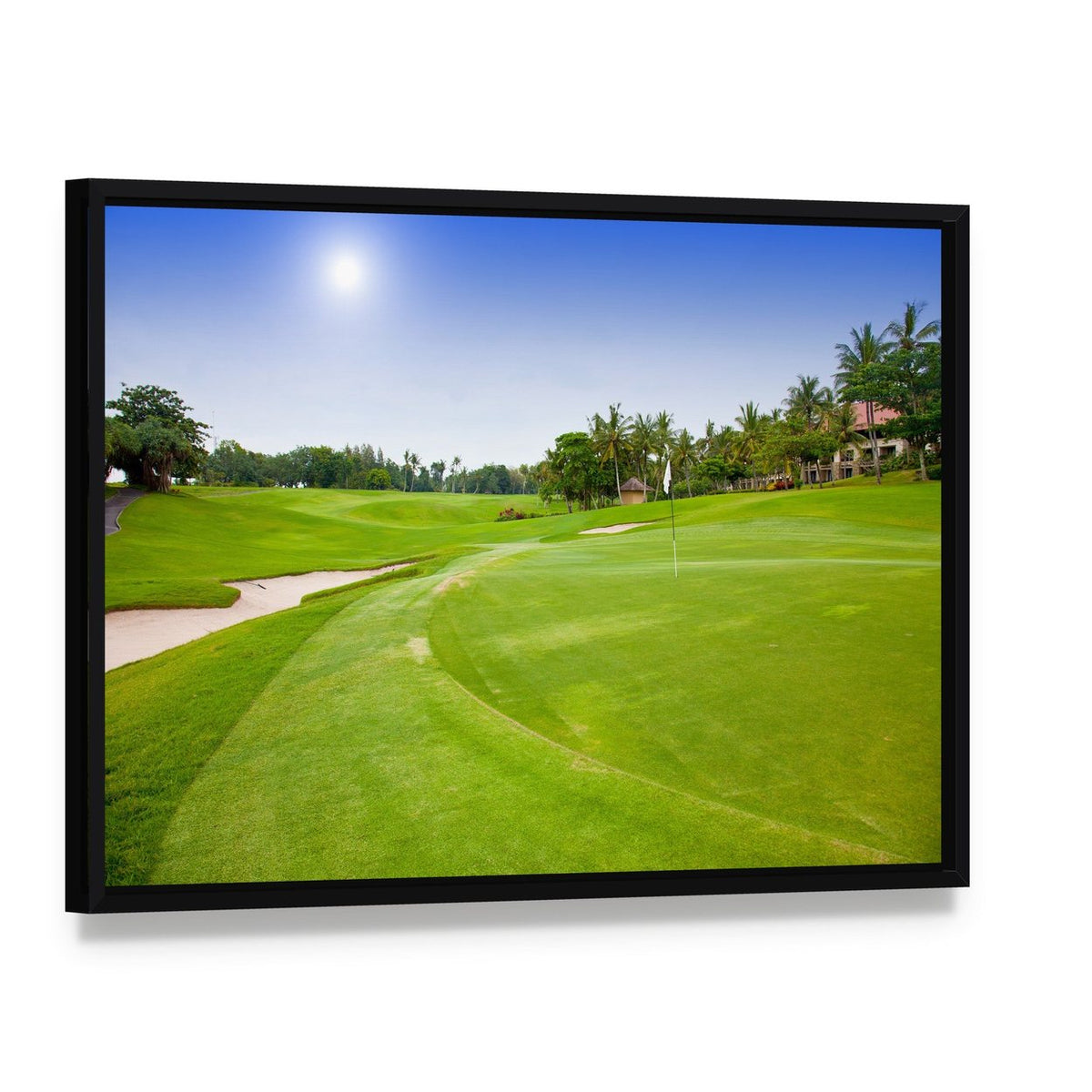 Green Field for Golf Canvas Wall Art, framed canvas in a black floater frame, angled product view
