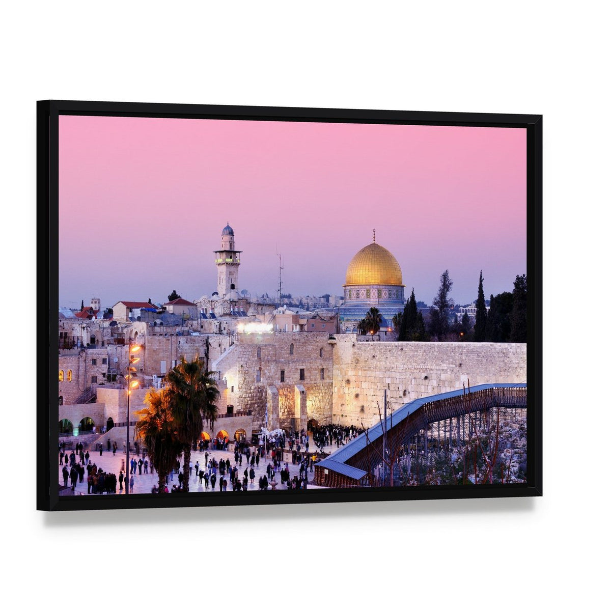 Al Aqsa Mosque at Dusk Canvas Wall Art, framed canvas in a black floater frame, angled product view
