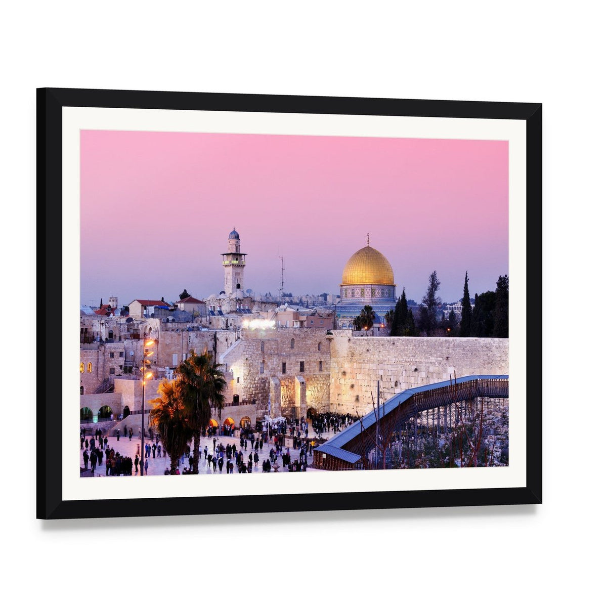 Al Aqsa Mosque at Dusk Canvas Wall Art, framed print with white mat and black frame, angled product view