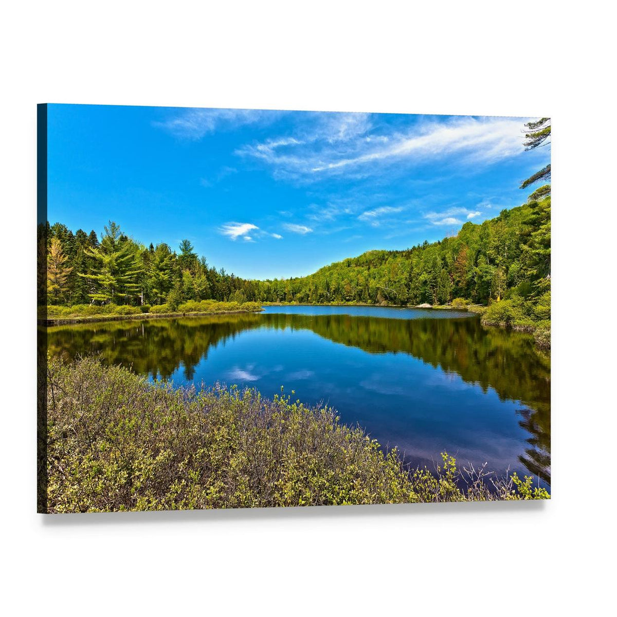 Sacacomie Lake Landscape Canvas Wall Art, single panel gallery wrapped canvas, angled product view