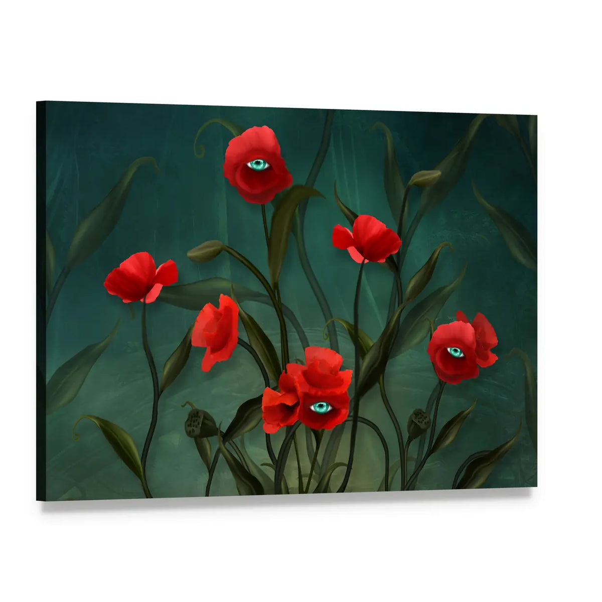 Surreal Poppies with Human Eyes Canvas Wall Art, single panel gallery wrapped canvas, angled product view