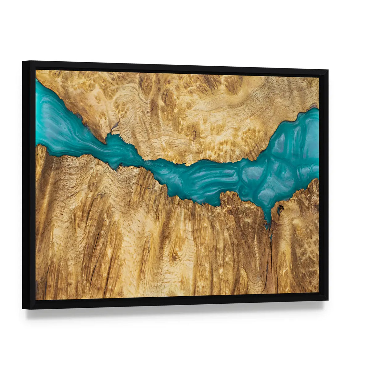 River Flow Artwork Canvas Wall Art, framed canvas in a black floater frame, angled product view