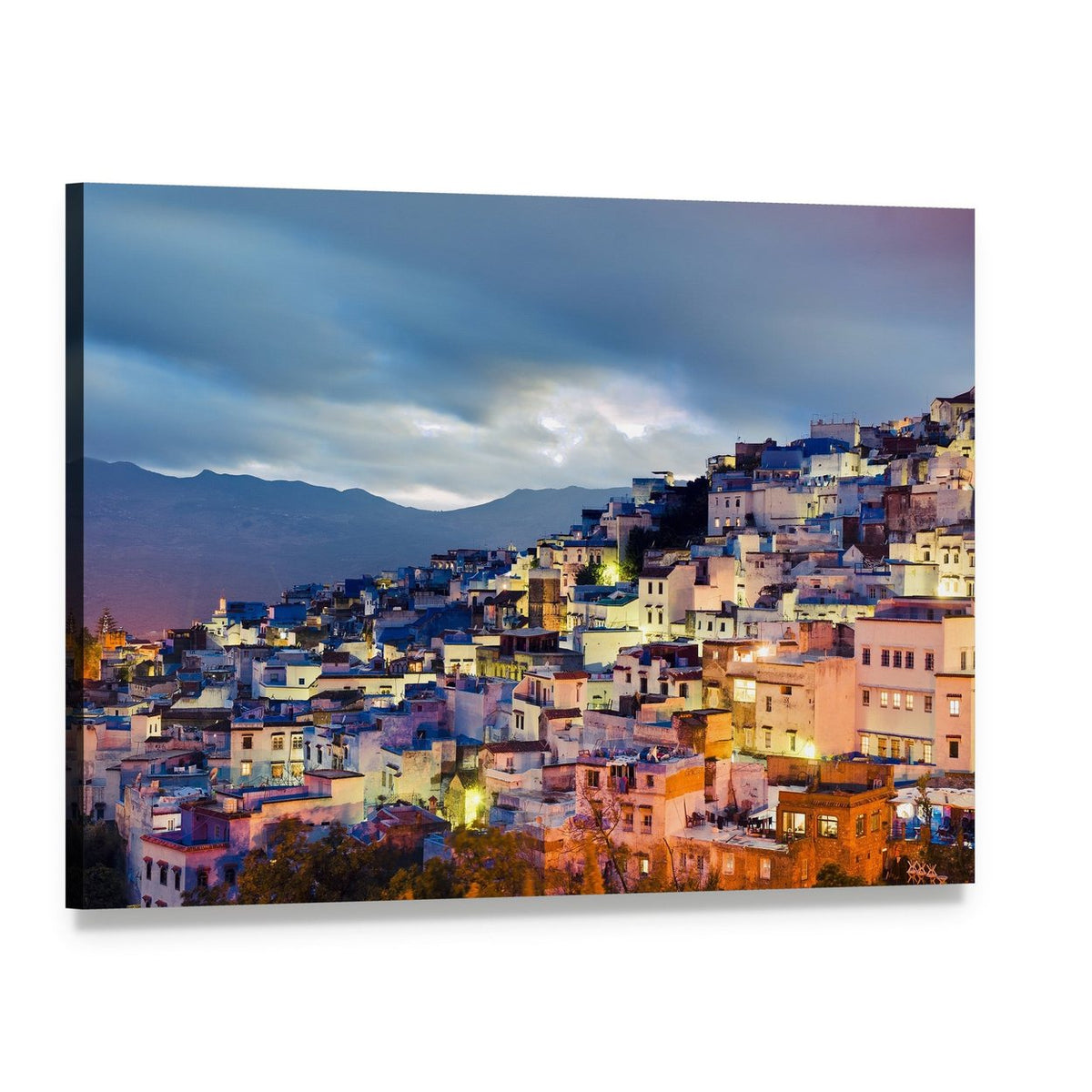 Chefchaouen Blue Town at Dusk Canvas Wall Art, single panel gallery wrapped canvas, angled product view