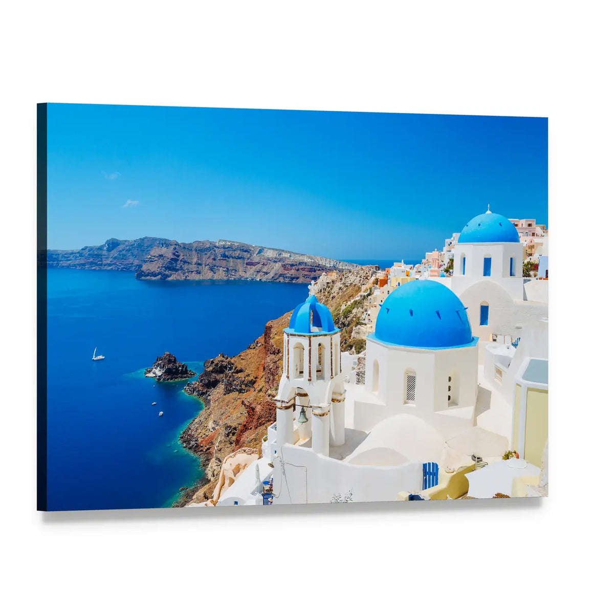 Santorini Blue Domes Over Aegean Sea Canvas Wall Art, single panel gallery wrapped canvas, angled product view