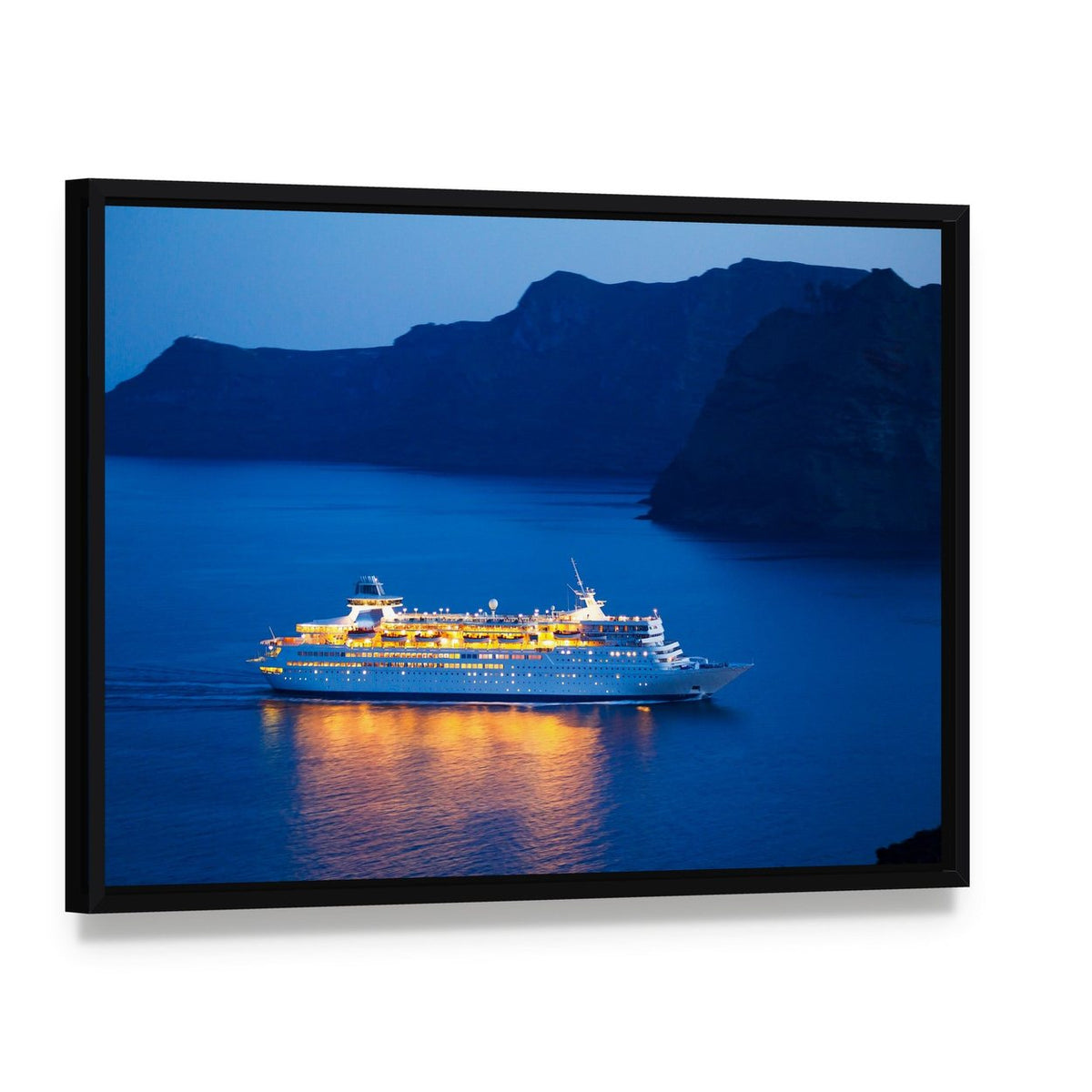 Cruise Ship at Sunset Canvas Wall Art, framed canvas in a black floater frame, angled product view