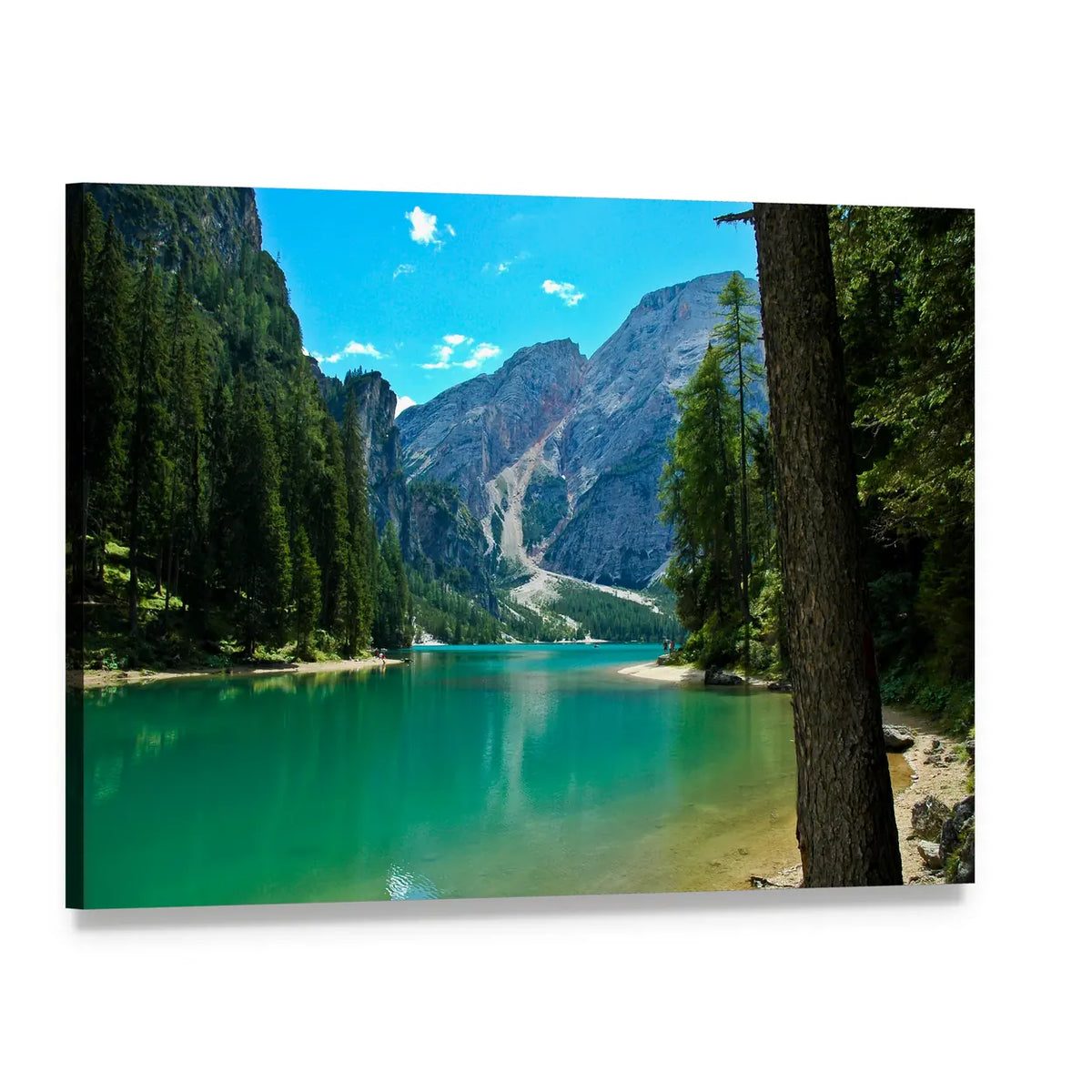 Turquoise Alpine Lake with Mountain Peaks Canvas Wall Art, single panel gallery wrapped canvas, angled product view
