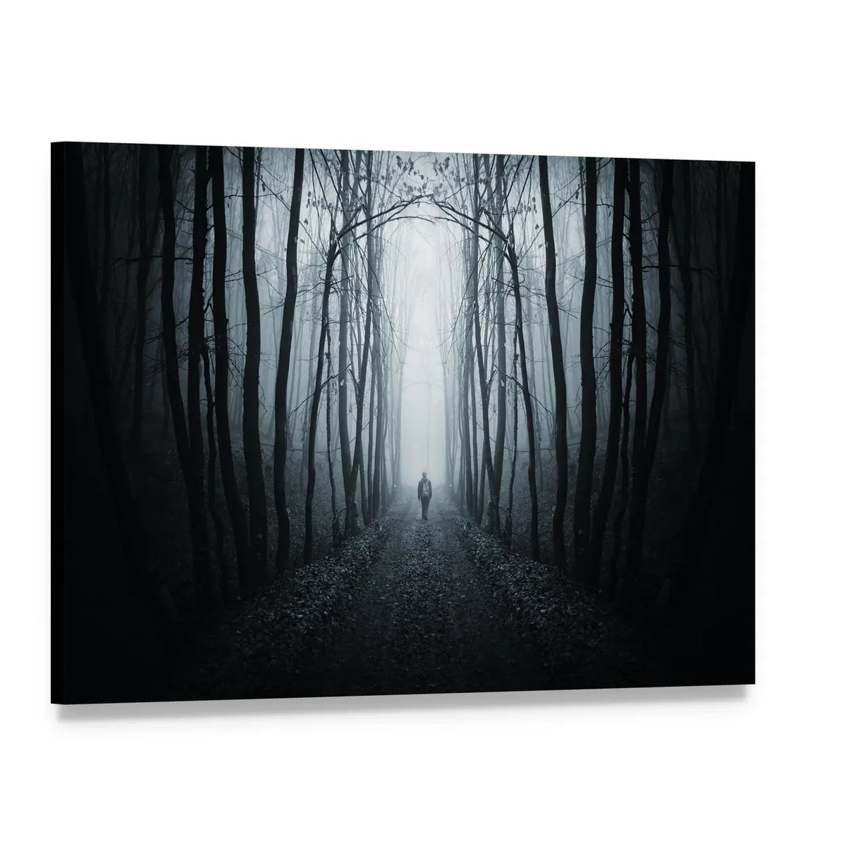 Solitary Figure on Misty Forest Path Canvas Wall Art, single panel gallery wrapped canvas, angled product view