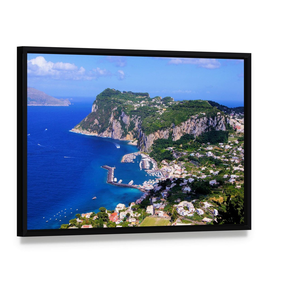 Aerial View of Capri Harbor Canvas Wall Art, framed canvas in a black floater frame, angled product view