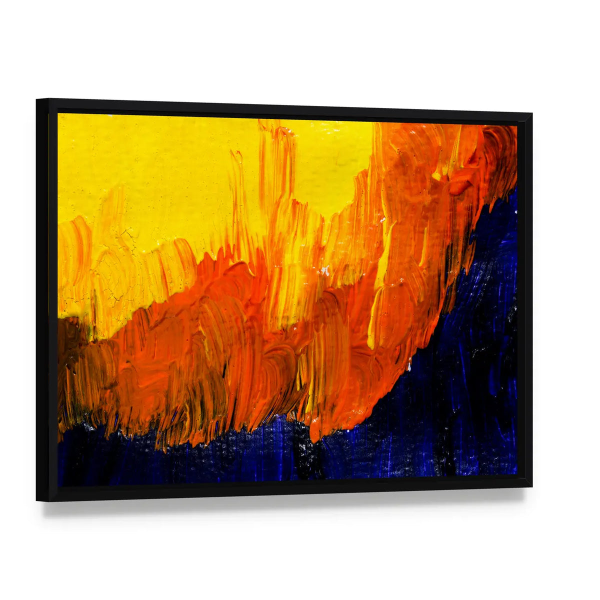 Bold Impasto Brushstrokes in Warm and Cool Hues Canvas Wall Art, framed canvas in a black floater frame, angled product view