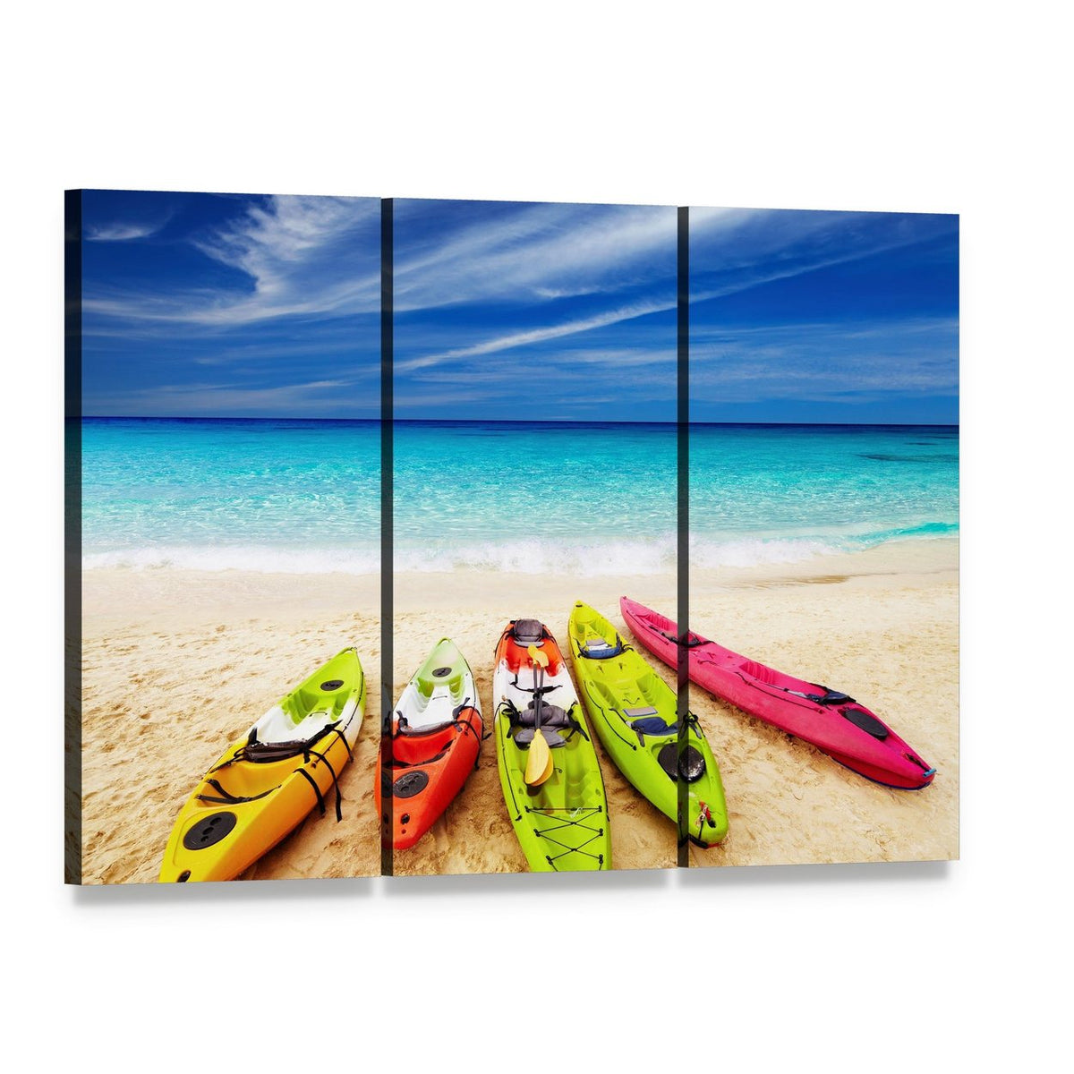 Vibrant Kayaks on Tropical Beach Canvas Wall Art, 3 panel 3 Horizontal layout gallery wrapped canvas set, angled product view