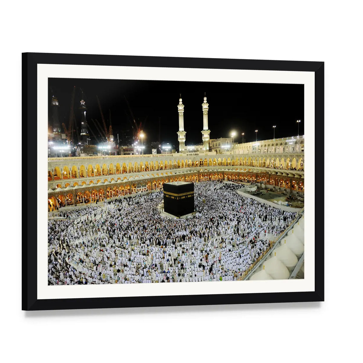 Kaaba at Masjid Al-haram, Makkah Canvas Wall Art, framed print with white mat and black frame, angled product view