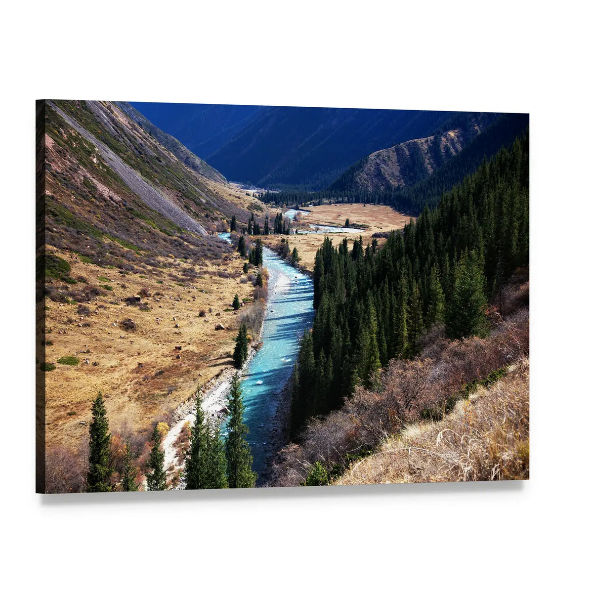 Tyan Shan Mountain Valley with Winding River Canvas Wall Art, single panel gallery wrapped canvas, angled product view