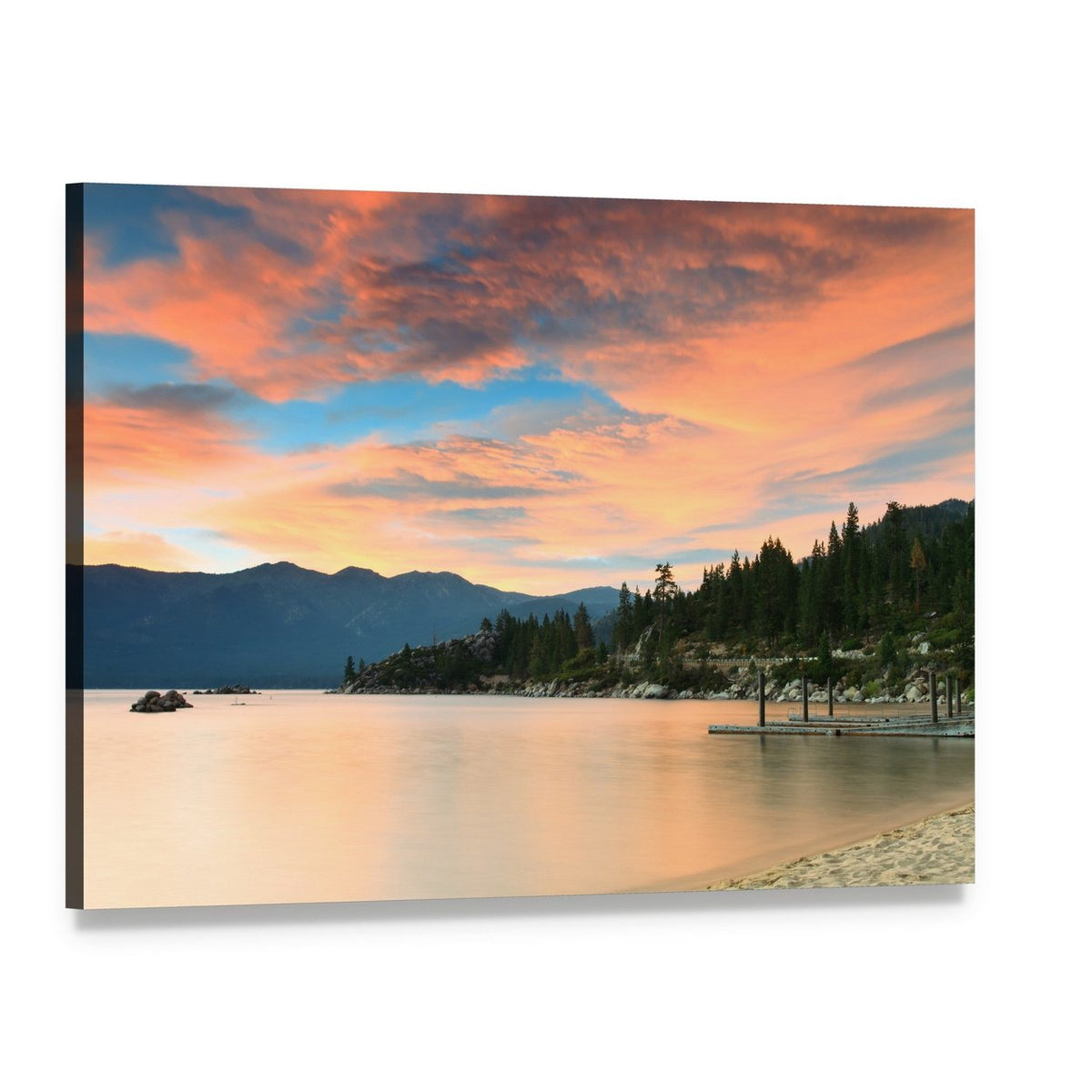 Lake Tahoe Sunset Over Pier Canvas Wall Art, single panel gallery wrapped canvas, angled product view