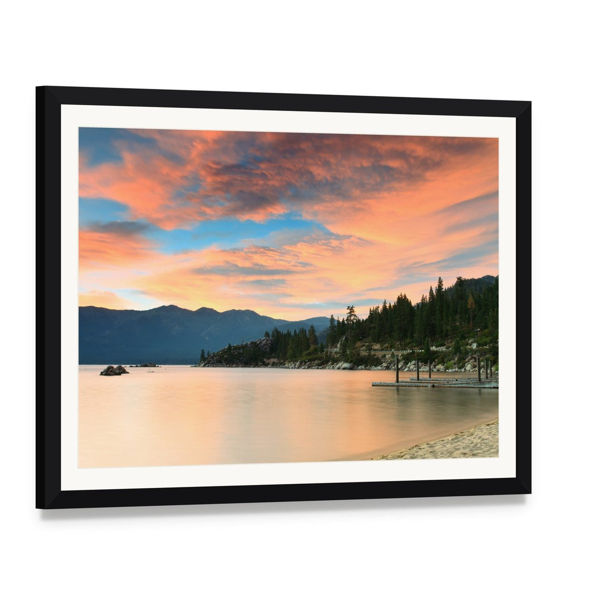 Lake Tahoe Sunset Over Pier Canvas Wall Art, framed print with white mat and black frame, angled product view