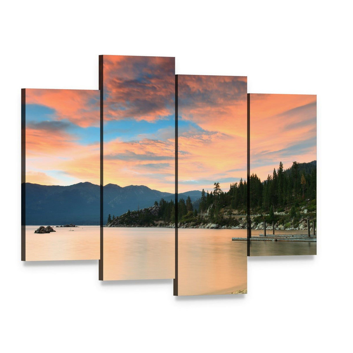 Lake Tahoe Sunset Over Pier Canvas Wall Art, 4 panel 4 Pop layout gallery wrapped canvas set, angled product view