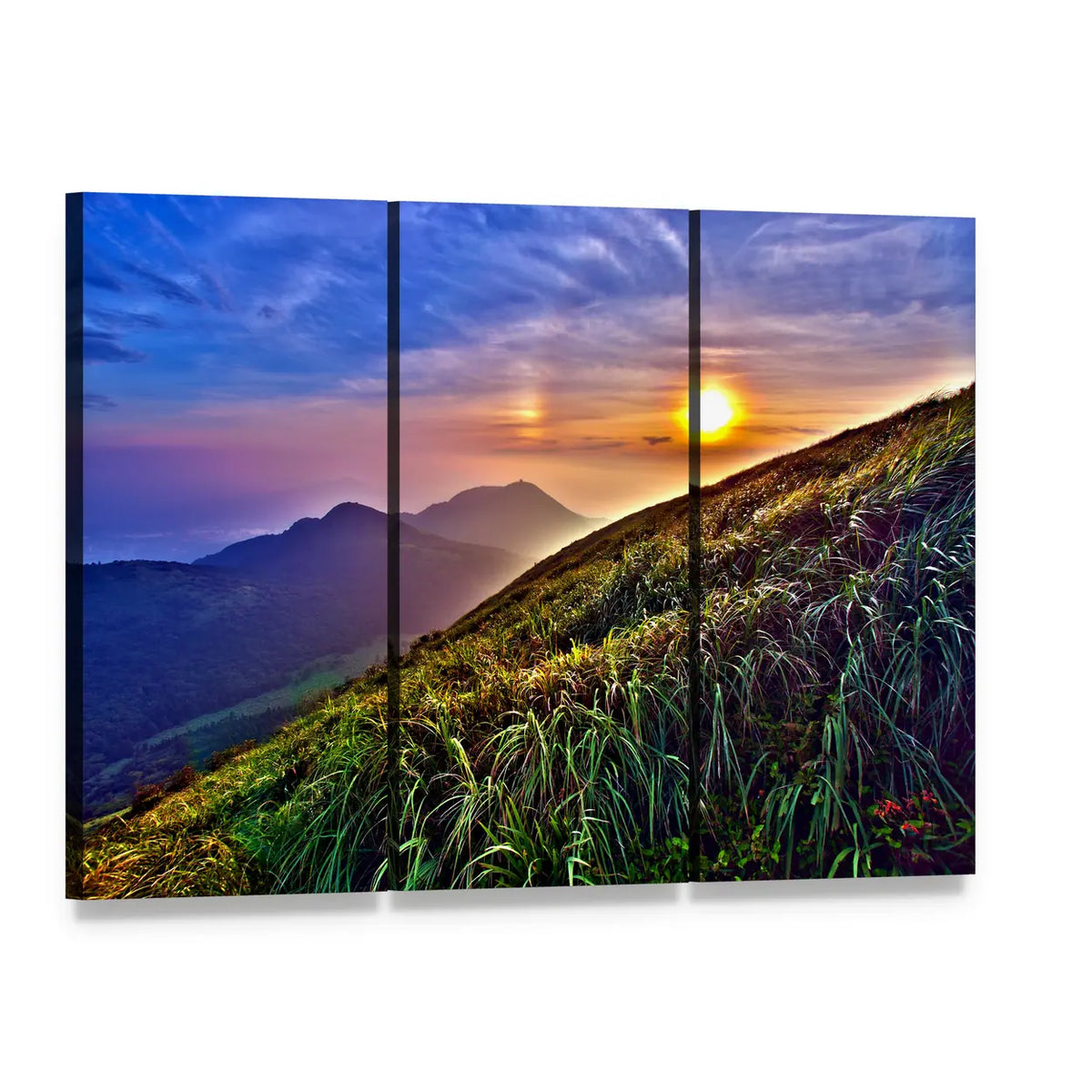 Taiwan Sunset Over Grassy Mountains Canvas Wall Art, 3 panel 3 Horizontal layout gallery wrapped canvas set, angled product view