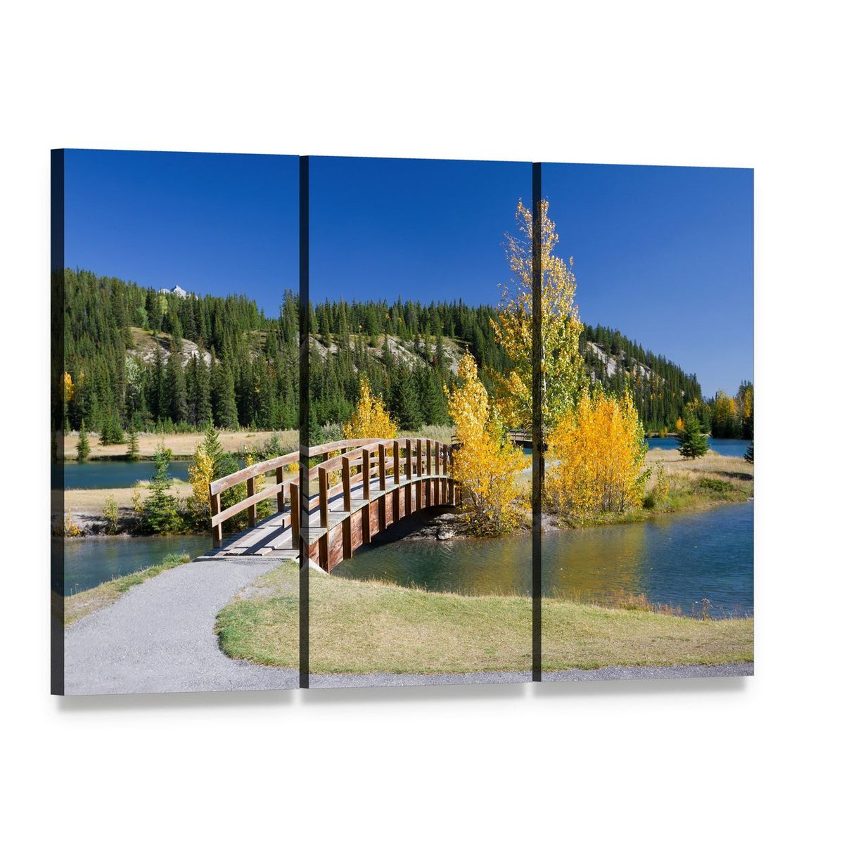 Curving Wooden Bridge Over Autumn Lake Canvas Wall Art, 3 panel 3 Horizontal layout gallery wrapped canvas set, angled product view