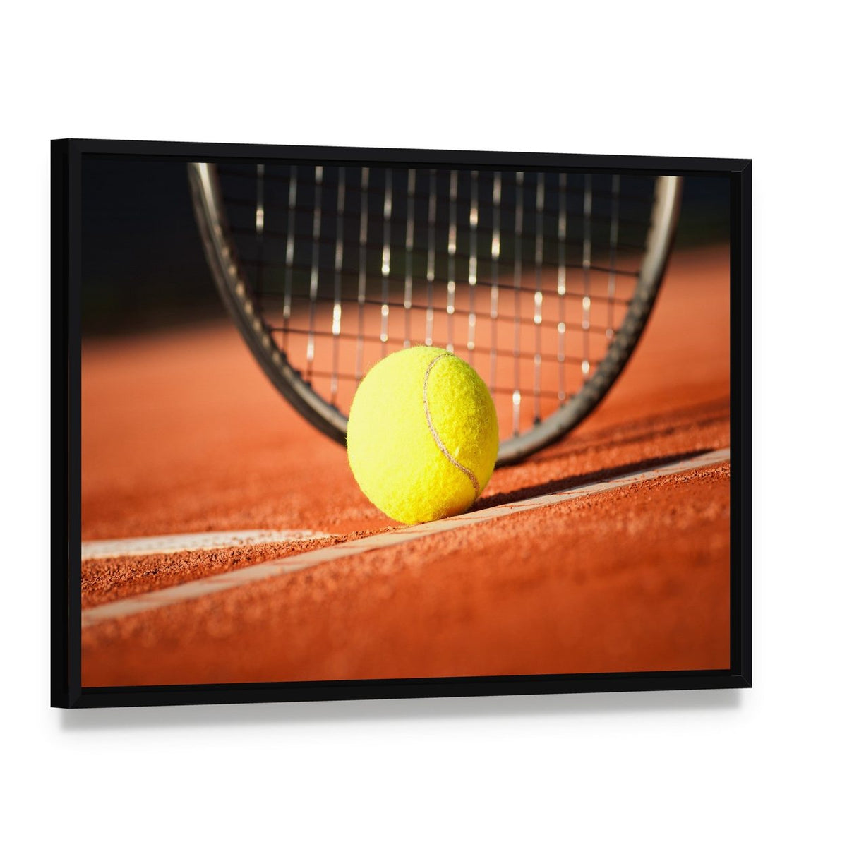 Tennis Ball and Racket Canvas Wall Art, framed canvas in a black floater frame, angled product view
