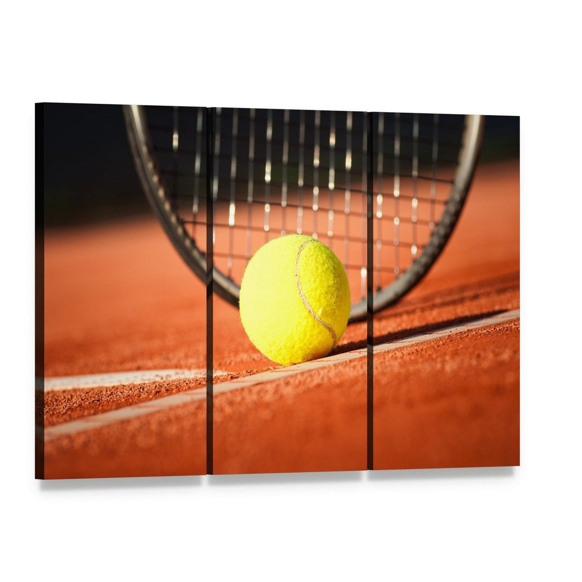 Tennis Ball and Racket Canvas Wall Art, 3 panel 3 Horizontal layout gallery wrapped canvas set, angled product view