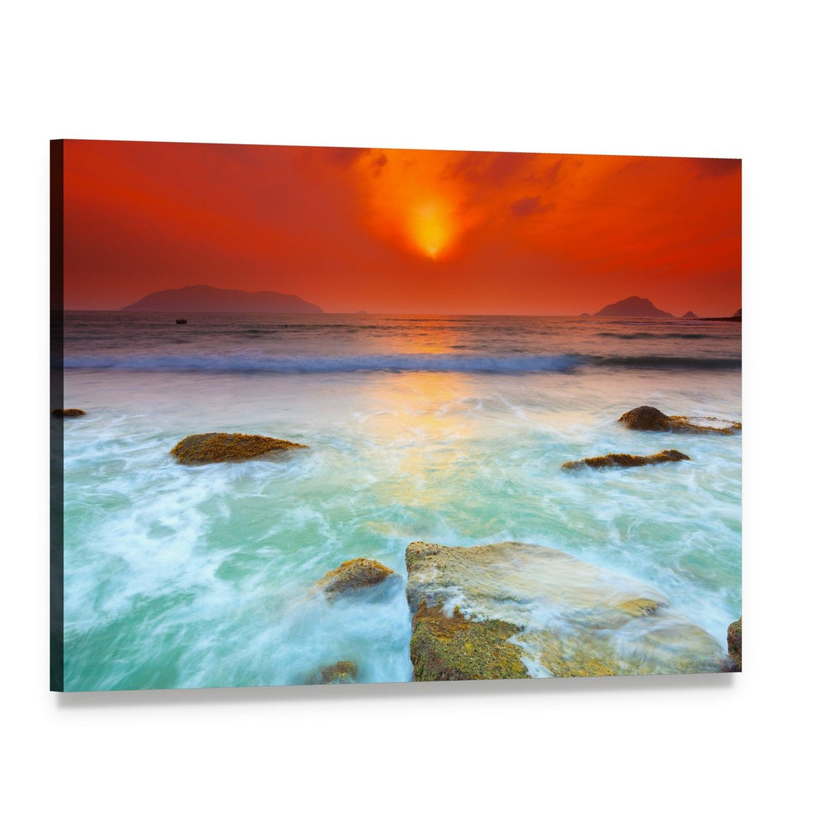 Sunset Over Rocky Shore Canvas Wall Art, single panel gallery wrapped canvas, angled product view