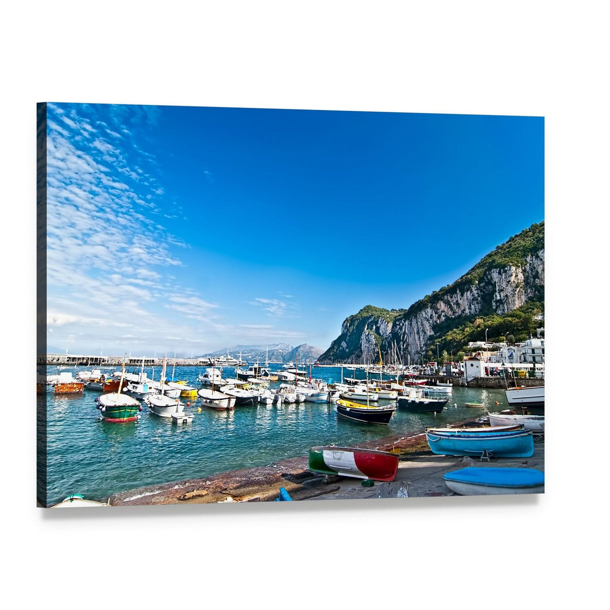 Fishing Boats on Capri Canvas Wall Art, single panel gallery wrapped canvas, angled product view