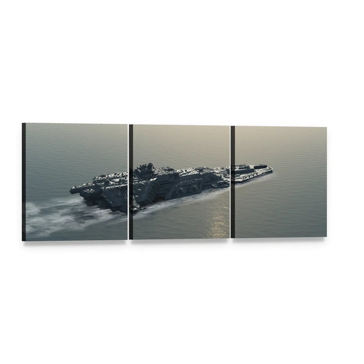 Futuristic Industrial Battleship at Sea Panoramic Canvas Wall Art, 3 panel 3 Piece layout gallery wrapped canvas set, angled product view