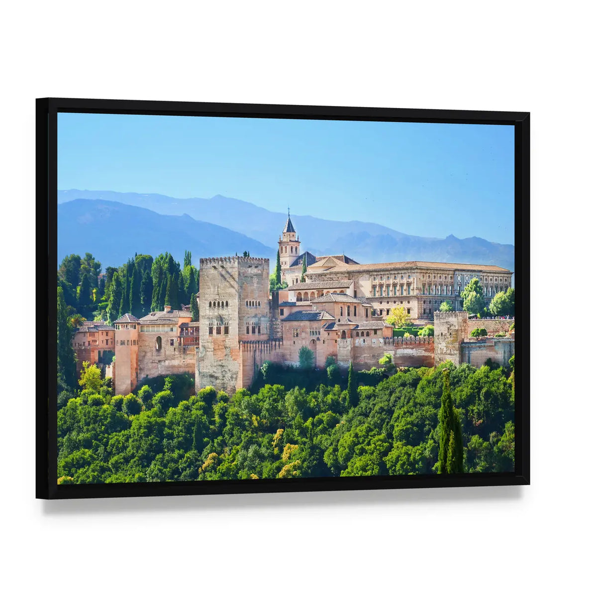 Alhambra Palace Complex In Spain Canvas Wall Art, framed canvas in a black floater frame, angled product view
